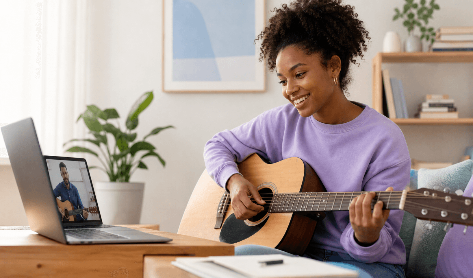 A learner building confidence while practising guitar